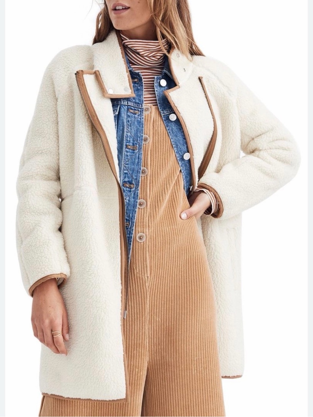 Madewell Cream Teddy Coat with Brown Trim